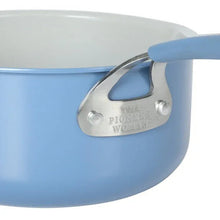 Blue sauce pan with side handle and metal logo plate