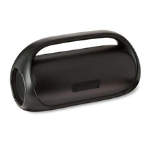 Portable FM boombox rear view with handle and speaker grille