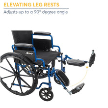 Wheelchair with elevating leg rests raised and padded foot supports, blue frame
