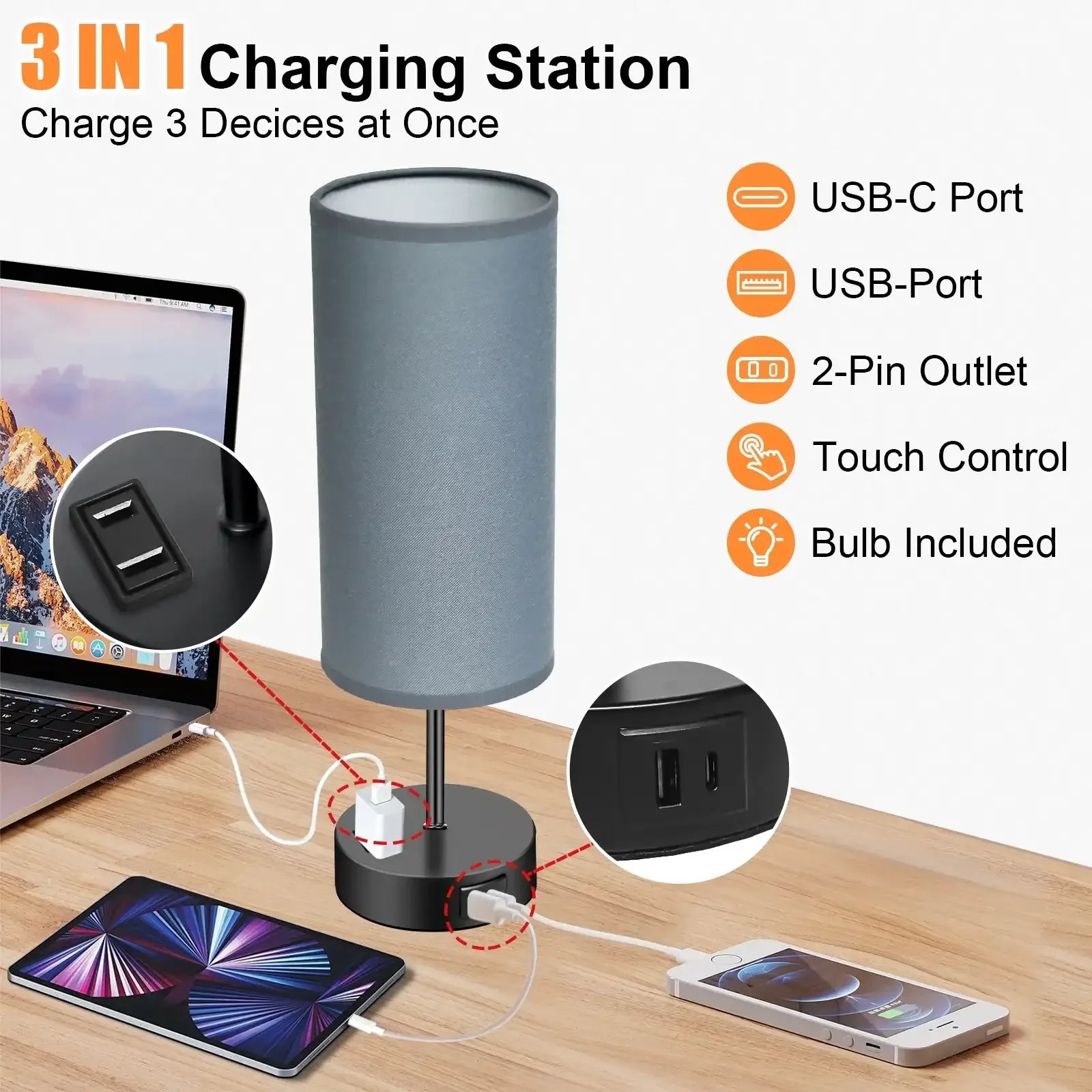 Table Lamps for Bedroom, 3 Way Dimmable Touch Control Bedside Lamp with USB C+A Fast Charging Ports, Nightstand Lamp for Office, Living Room, Reading(E26 Light Bulb Included) - USA MEGA SHOP