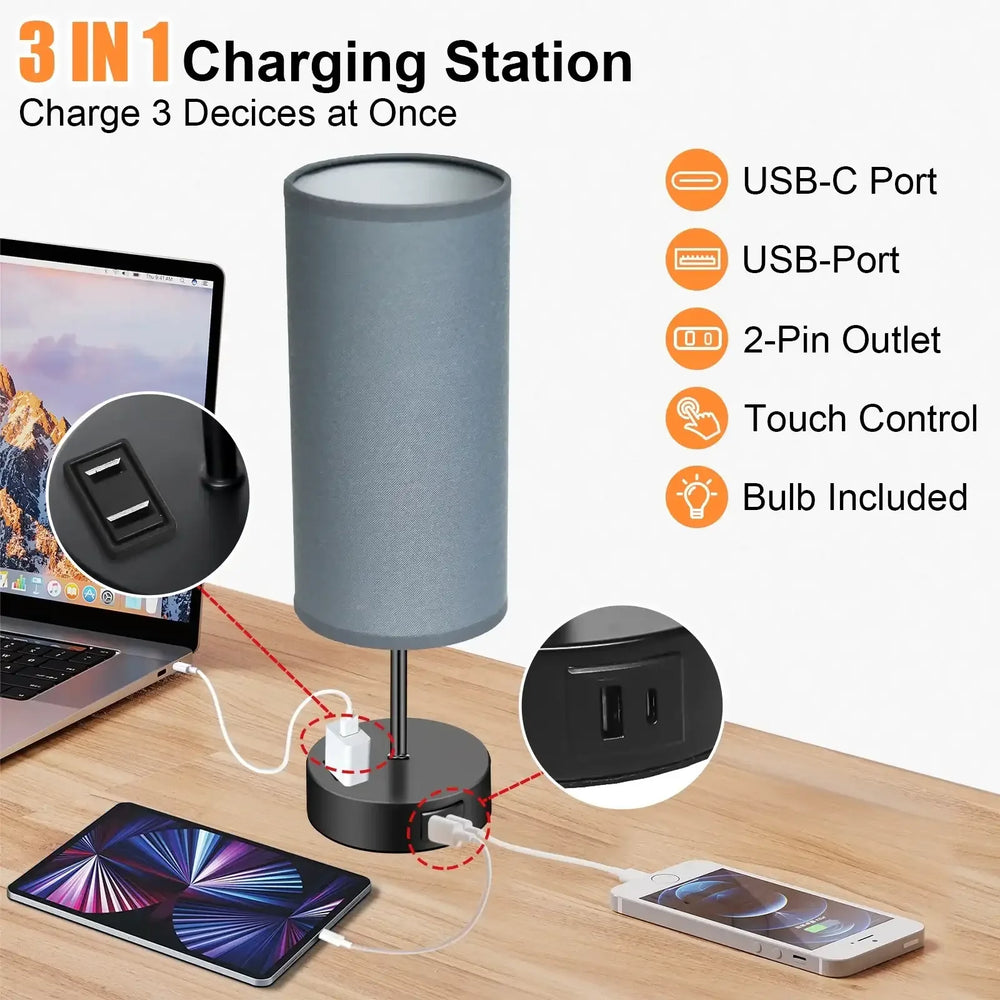 Table Lamps for Bedroom, 3 Way Dimmable Touch Control Bedside Lamp with USB C+A Fast Charging Ports, Nightstand Lamp for Office, Living Room, Reading(E26 Light Bulb Included) - USA MEGA SHOP