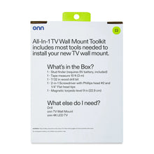 TV wall mount toolkit box back listing included tools and what else is needed