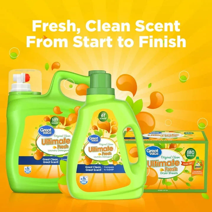 Great Value Ultimate Fresh Laundry Detergent, Original Clean, 154 fl oz, 107 Loads - USA MEGA SHOP