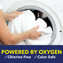Laundry whitener oxygen powered, chlorine-free and color-safe; hands load white towels