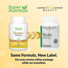 Biotin supplement bottles with new and old labels, same product design