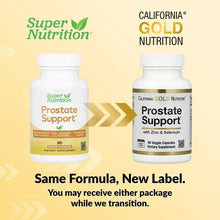 Two Prostate Support supplement bottles with gold-trim labels, 90 veggie capsules
