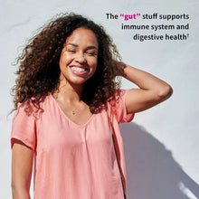 Woman in a pink shirt smiling with text about immune system and digestive health