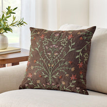 Brown embroidered decorative throw pillow with multicolor botanical tree design