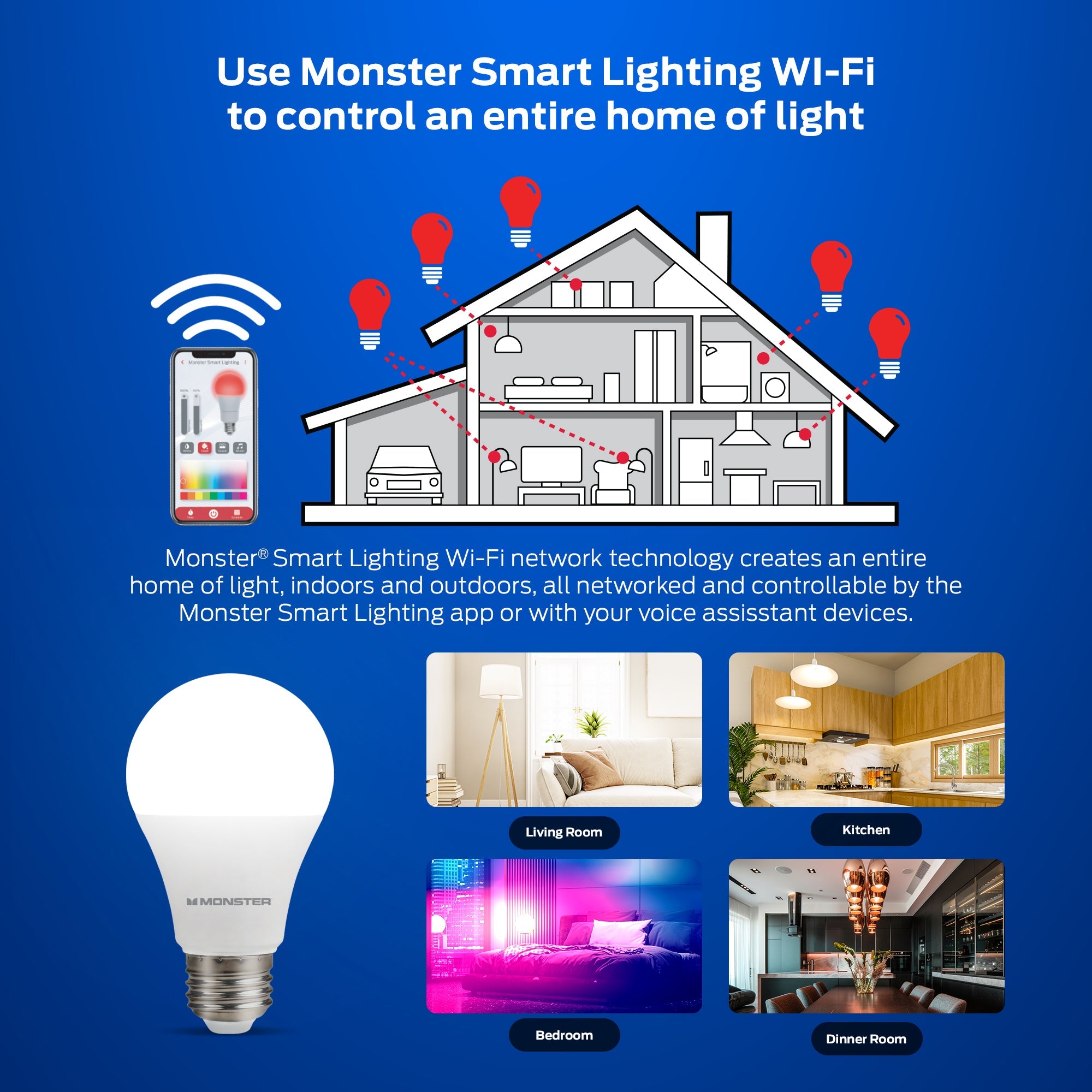 Monster Smart LED Bulb A19 4-Pack, WiFi Color Changing Light Bulbs, 800 Lumens 60W Equivalent, Tunable White 2700K–6500K, App & Voice Control, Alexa Google Home Matter Compatible