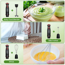 Black immersion blender with whisk, beaker, and milk frother attachment