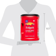 Ground coffee canister with size measurements, red can on light gray shirt