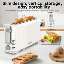 White 2-slice slim toaster at an angle with wide slots and front control panel