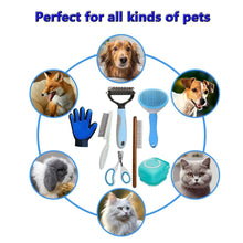 Pet grooming kit with slicker brush, comb, rubber glove brush, and shampoo dispenser