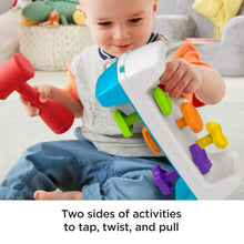 Tap and turn bench toy with green, orange, and purple pegs and red mallet