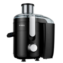 Black and stainless centrifugal juicer with side spout and dual-speed control knob.