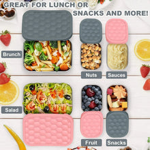 Stainless steel lunch container set with grey and pink silicone lids, compartments for snacks