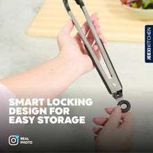 Kitchen tongs with locking loop and silicone tips for easy storage