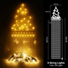 Warm white LED waterfall tree lights with hanging strands and top star, 9 strings