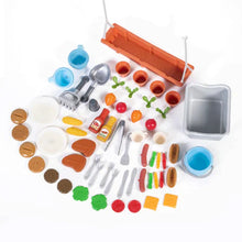 Kids grill play center accessory set with toy foods and cooking tools in trays