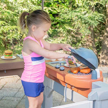 Kids grill play table with orange counter and blue canopy, kid pretend cooking tools