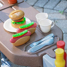 Kids grill play center tabletop with toy burgers and condiment cup set