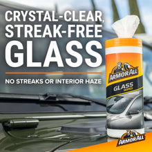 Glass wipes bottle for car windows with orange liquid and white label