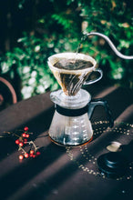 Hario V60 pour over coffee starter set with V60 dripper, glass server, and pouring kettle