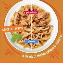 Chicken lovers wet cat food shown as prime filets and shreds in a bowl