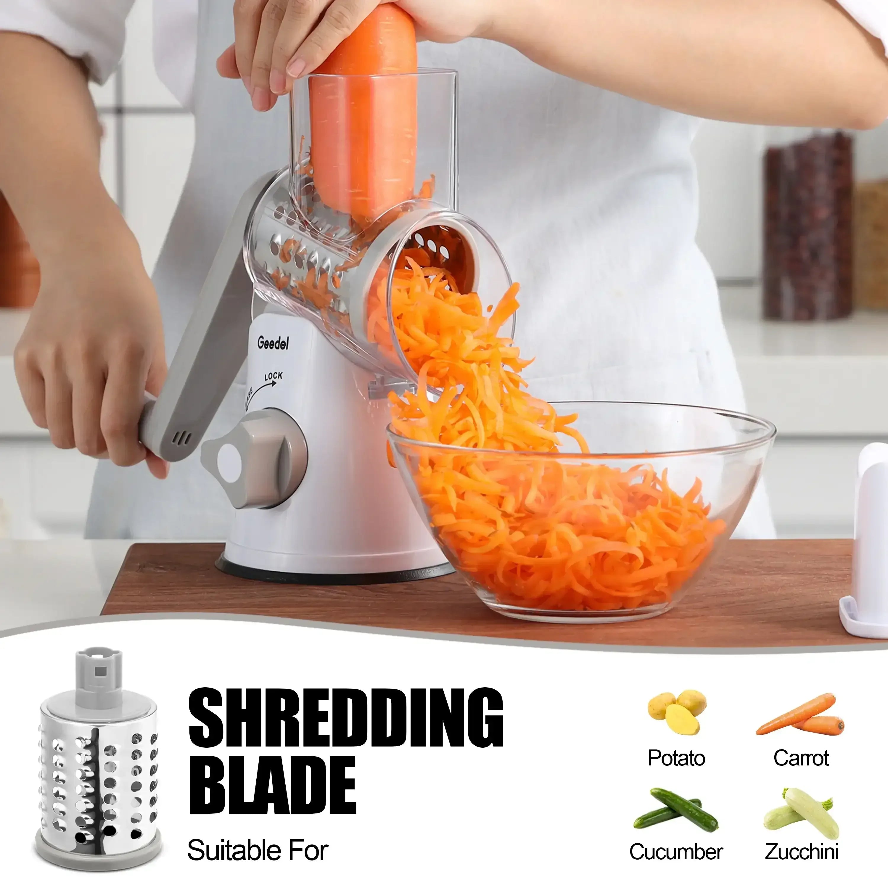 Geedel Rotary Cheese Grater, Kitchen Grater Vegetable Slicer with 3 Interchangeable Blades, Powerful Suction, Dishwasher Safe, Easy to Clean Grater for Vegetable, Fruit, Nuts