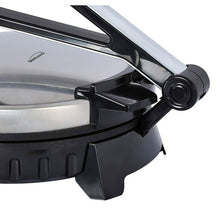 Electric tortilla press hinge and lid latch detail with black base
