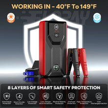 Car jump starter with red body and multi-layer safety protection icons