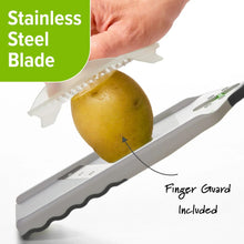 Mandolin slicer featuring a stainless steel blade and finger guard attachment