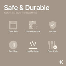 Stainless steel stockpot feature icons: oven safe, dishwasher safe, durable