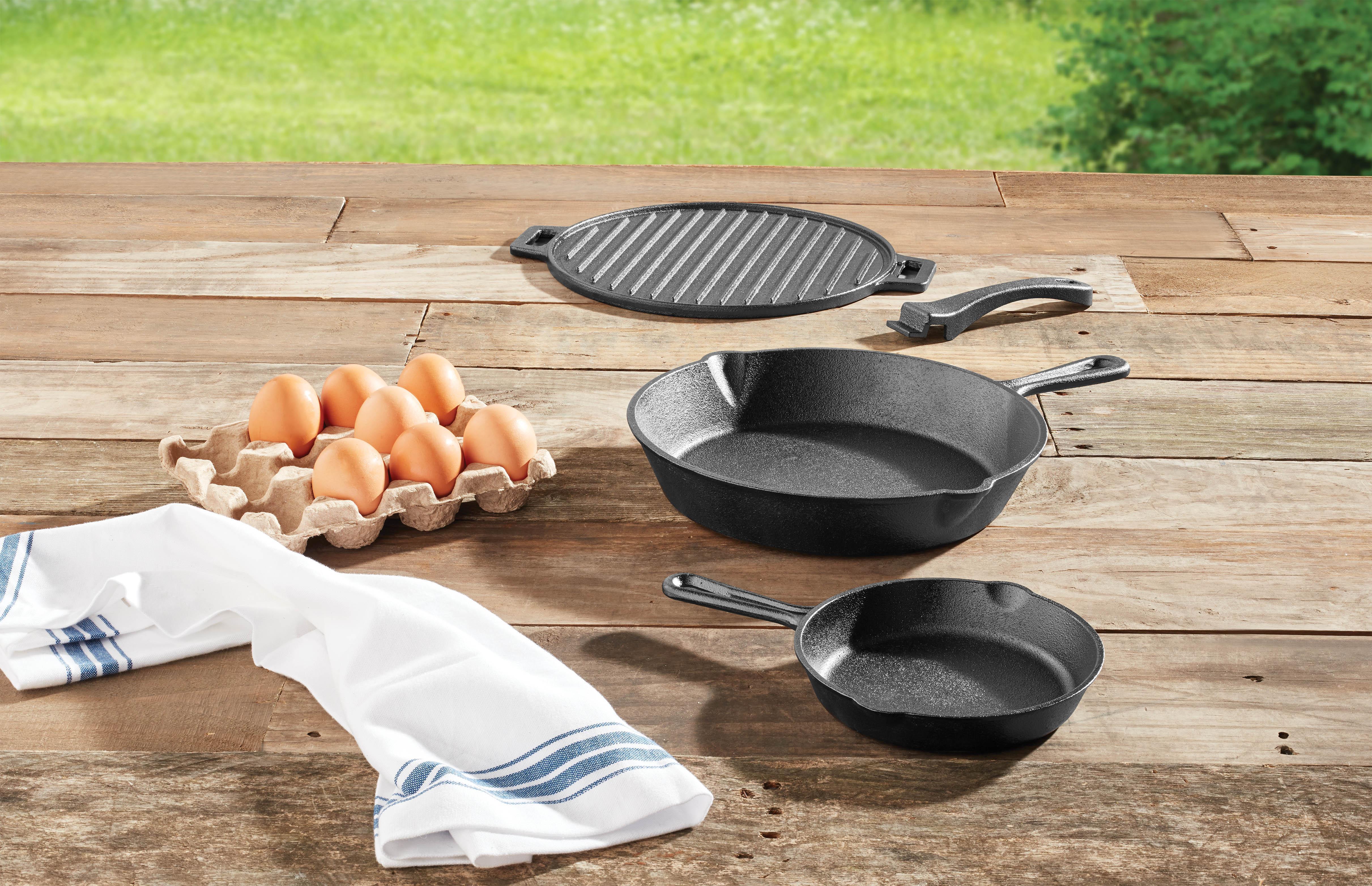 Ozark Trail 4-Piece Cast Iron Skillet Set with Handles and Griddle, Pre-Seasoned, 6", 10.5", 11"