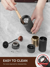 Manual coffee grinder with removable parts for cleaning, black and gold body