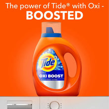 Tide Oxi Boost liquid detergent bottle, orange with blue cap and Oxi Boost badge