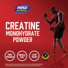 Creatine monohydrate power marketing card with NOW Sports logo and athlete graphic