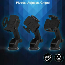 Black adjustable one-grip phone mount, shown in multiple pivoted angles