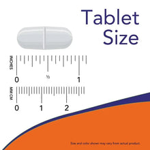Tablet size diagram with ruler marks and small capsule-shaped tablet