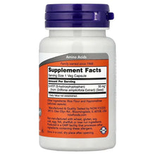 NOW 5-HTP supplement facts label on bottle back, orange and gray panel for 1 veg capsule serving