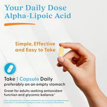 Alpha-Lipoic Acid veggie capsule daily dose panel with hand holding a yellow capsule