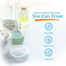 Calcium supplement bottle with icons for Non-GMO, Gluten Free, and Soy Free
