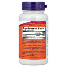 Vitamin E supplement bottle back label with Supplement Facts and serving per softgel info