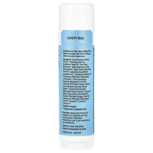 Lip balm stick with safety seal and printed ingredient panel on blue label