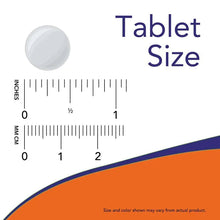 Tablet size diagram with pale tablet sample and inch/cm measurement marks