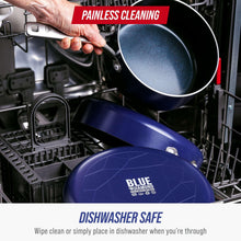 Blue Diamond blue nonstick cookware in a dishwasher rack with skillet being removed