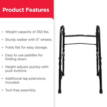 Folding walker product features panel with red header and walker silhouette