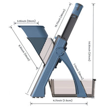 Blue mandoline slicer showing size dimensions and adjustable cutting chute
