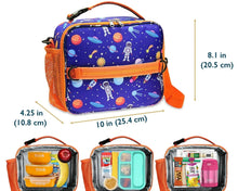 Kids insulated lunch bag with blue space print, front pocket, padded handles, and size markings