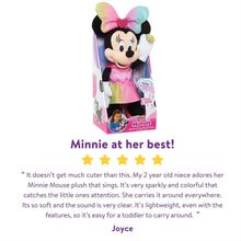 Minnie Mouse plush in tall box with rainbow bow and pink heart dress